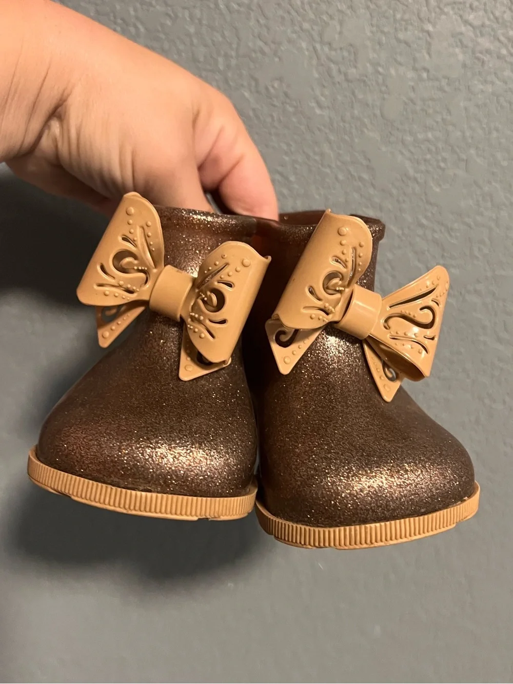 Mini Melissa Kids Brown Glitter Jelly Rain Boots Tan Bows